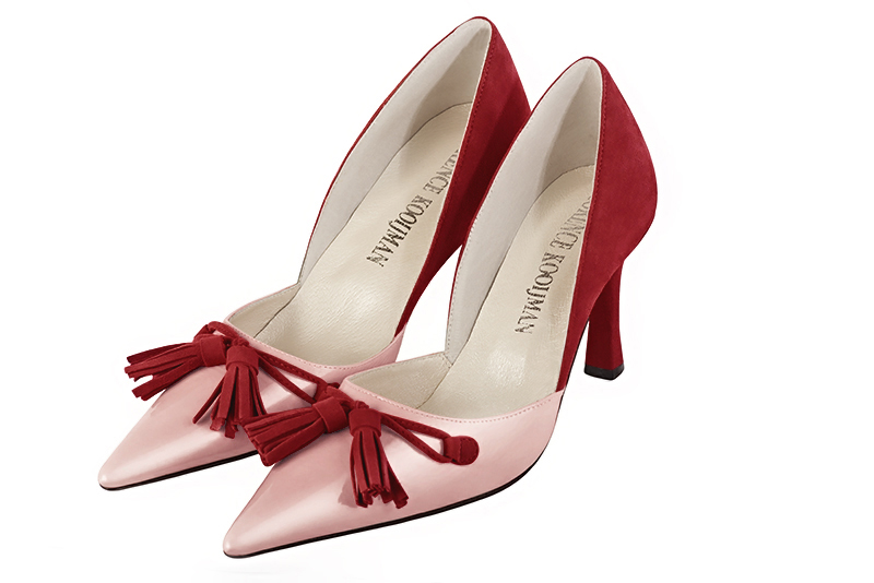 Powder pink and cardinal red women's open arch dress pumps. Pointed toe. High slim heel. Front view - Florence KOOIJMAN